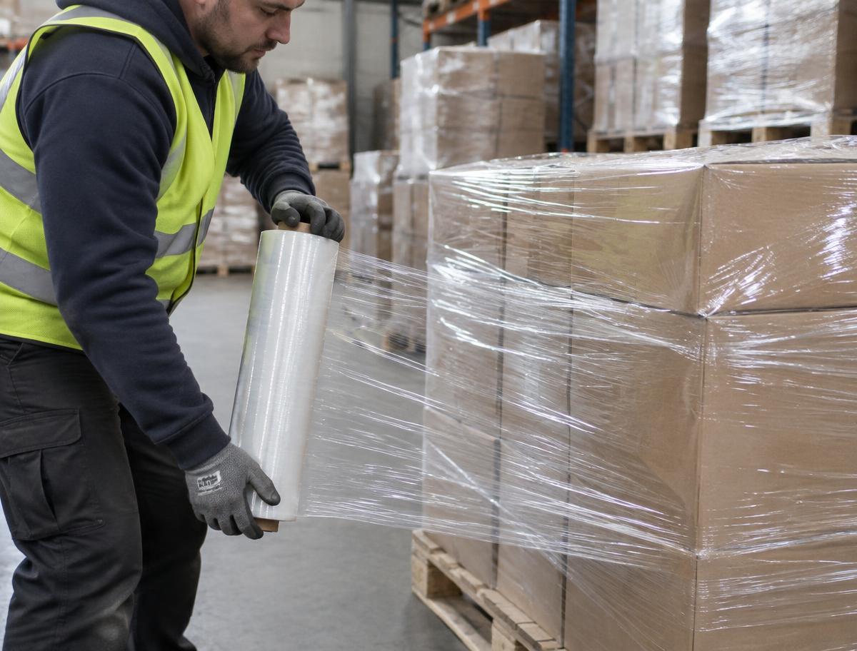Medewerker wikkelt een beladen pallet met stretchfolie