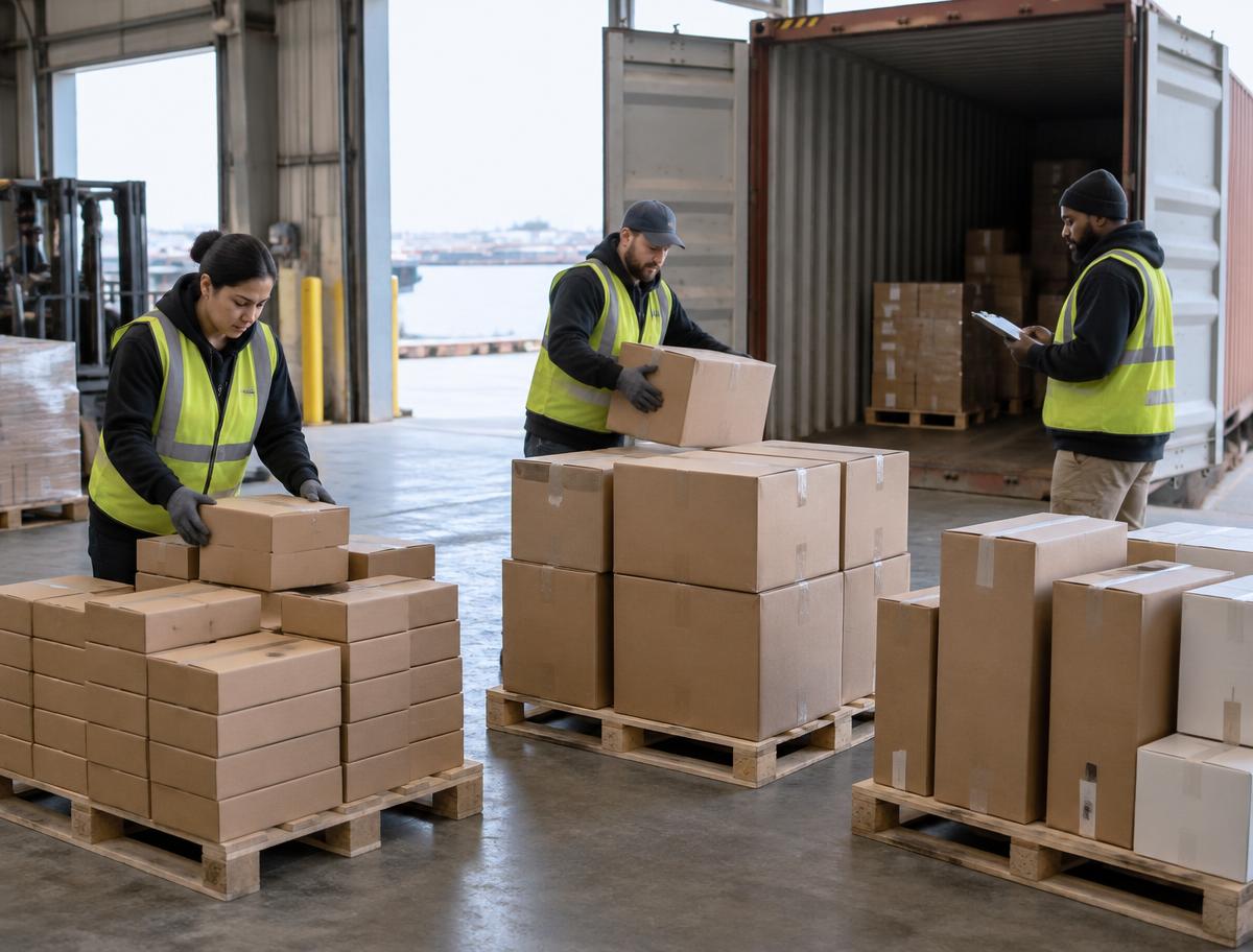 Medewerkers sorteren verschillende dozen per artikel op afzonderlijke pallets